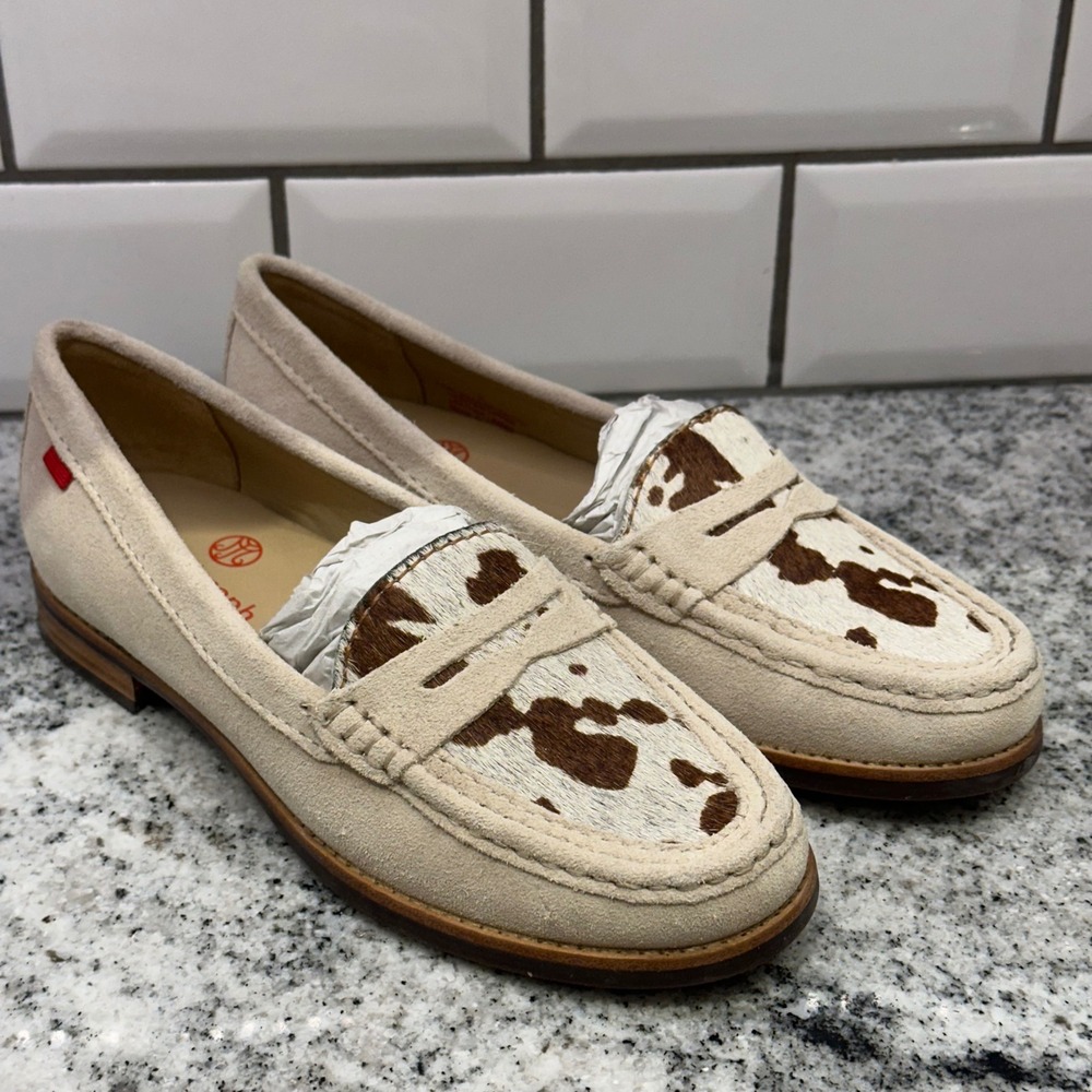 Marc Joseph Womens 5 East Village Exotic Loafers Beige Cow Print Calf Hair Suede